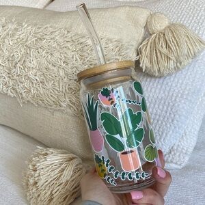 Plant Girl coffee glass cup with lid and straw